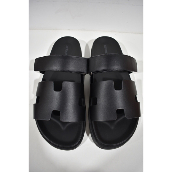 Hermes Chypre Sandal Mens Black Leather H Logo Strap Slide Slip On Flat 44 11 - Picture 6 of 12